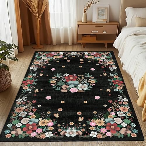 MOSISO 121 x 182 cm Teppich für Wohnzimmer,Weich rutschfest Blütentrauben Niedriger Flor Teppiche,Kunstwolle Rechteckig Waschbare Teppiche Für Wohnzimmer Schlafzimmer Esszimmer Zuhause,Schwarz