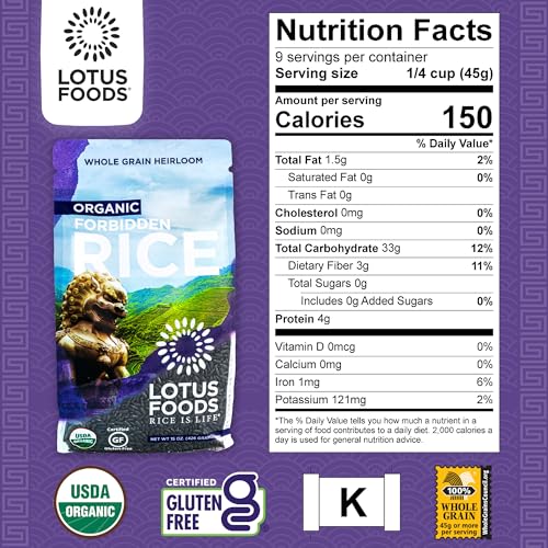 Lotus Foods Bulk Organic Forbidden Rice - Black Rice Organic, Purple Rice, Black Rice Bulk, Gluten Free Heirloom Rice, Whole Grain, Non GMO, Vegan - 15 Oz Bags (Pack of 6)