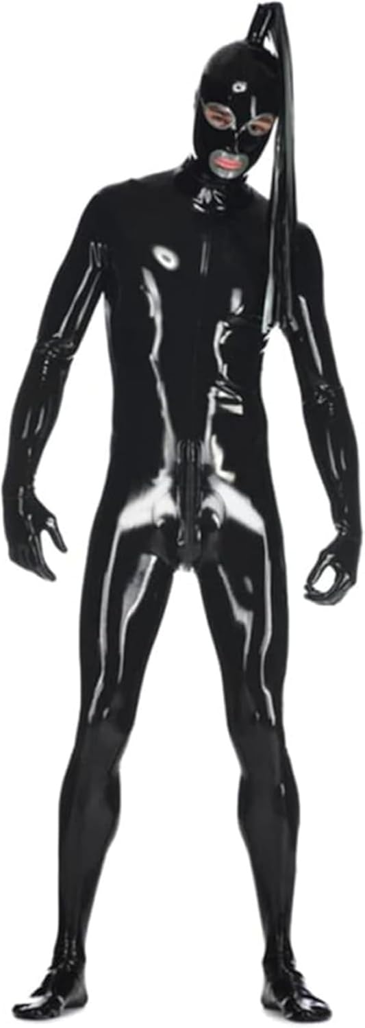 Men Full Body Black Latex Catsuit with Latex Wig Back Zipper Open Eyes Mouth Rubber Bodysuit Jumpsuit