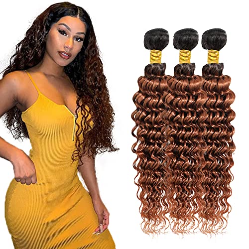 16 18 20 Inch 1b/30 Ombre Deep Wave Bunels Brown Human Hair Bundles Virgin Hair Weave 3 Bundles 300g Wet and Wavy Brazilian Curly Hair Bundles Ombre Human Hair Extensions
