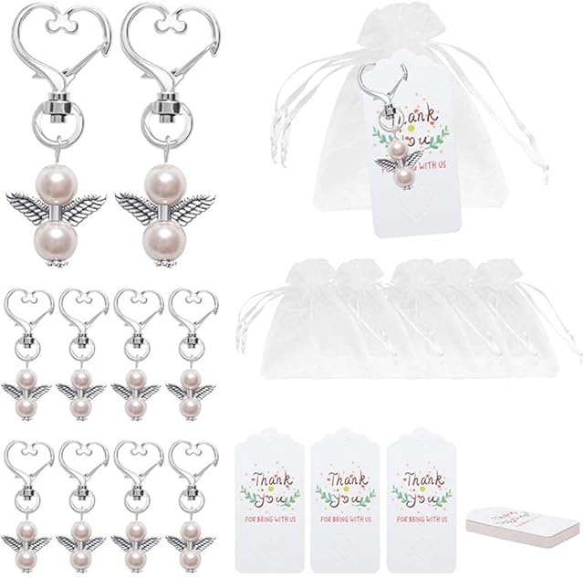 Daimay 20 Sets Angel Pearl Beads Pendant Keychain White Organza Gift Bags Thank You Tags Guardian Angel for Guest Baby Shower Wedding Decorations Favors Souvenir Keychain Gift Set  Pink