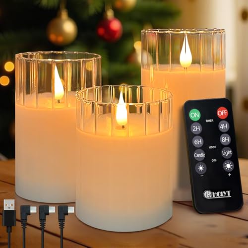 Image of LEDHOLYT Rechargeable Flameless Glass Pillar Candles - Remote & Timer - Set of 3 White Stripes Realistic Flickering LED Light, Ideal for Living Room, Bedroom & Holiday Decor& Gifts for Women
