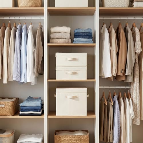Image of StorageWorks Storage Bins with Lid, Decorative Fabric Storage Bins with Handles, Stackable Closet Organizers for Shelves and Bedroom, Large, Beige(Cotton Linen), 2-Pack
