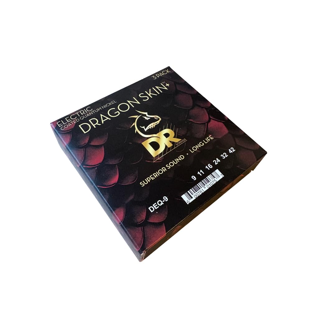 DR Strings Dragon Skin+ DEQ-9 Confezione da 3 – Corde per chitarra elettrica rivestite in Quantum Nickel 009-042 (Light) – Tecnologia Accurate Core, durata extra lunga