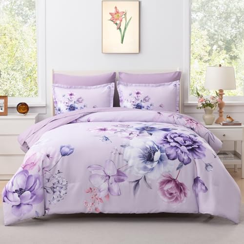 Image of Floral King Size Comforter Set - 7 Piece Botanical Purple Flower Bed in a Bag Ulter Soft Microfiber Bedding Set, Lightweight Bed Comforter Set with Sheets for All Season (Purple, King)