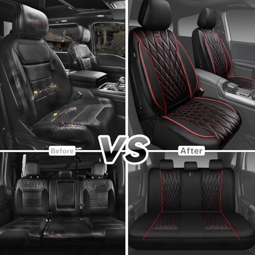 Image of CAR PASS Piping Luxury Leather Seat Covers Full Set,5 Seats Anti-Slip Waterproof Seat Covers Compatible with Front Armrests,Universal Fit for Sendan SUV Van Truck,Airbag Compatible,Black and Red