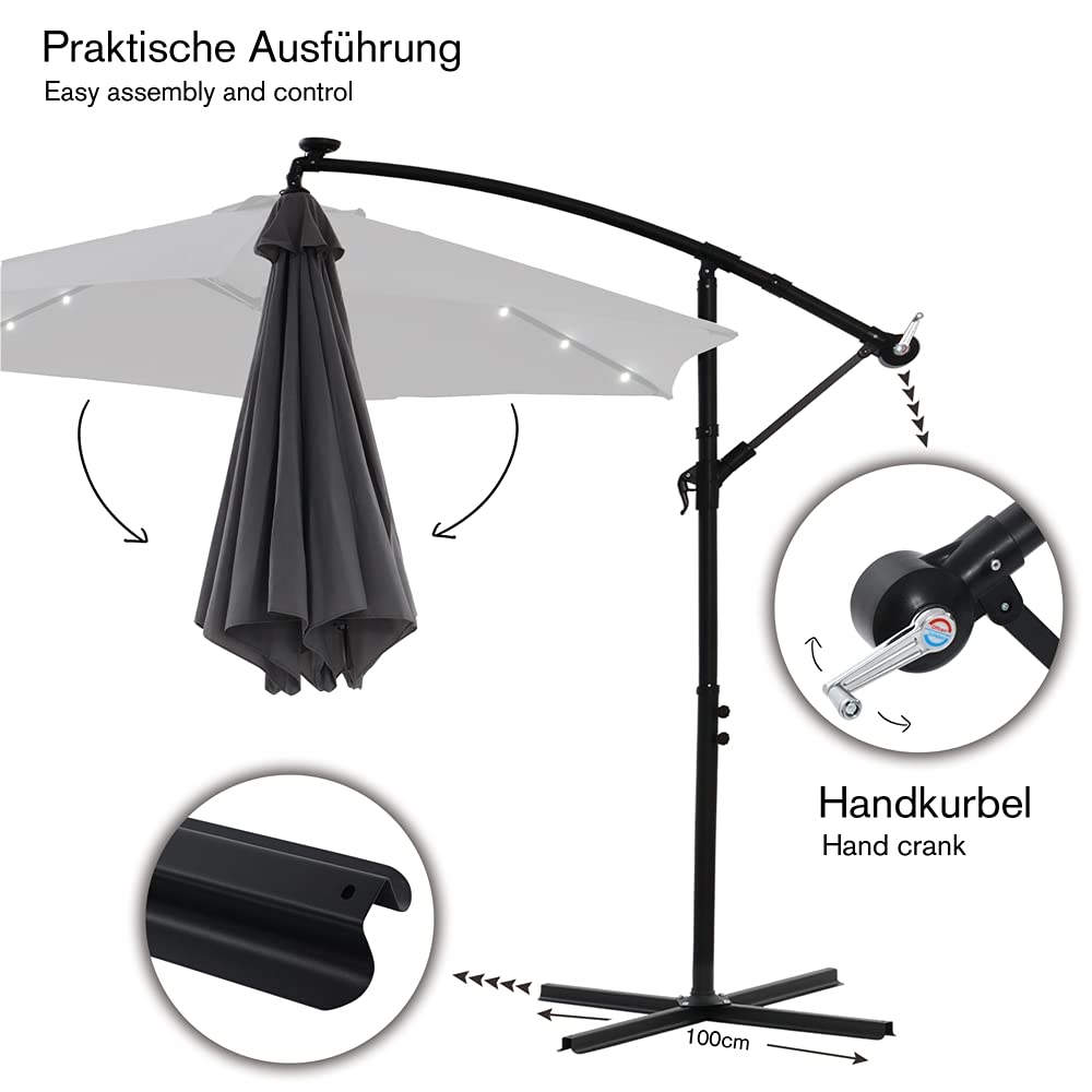 Mucola Ampelschirm Sonnenschirm LED Solar mit Kurbel Ø 350 cm Stahl Beige