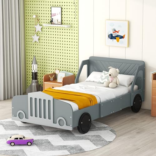 Harper & Bright Designs Twin Size Car-Shaped Bed with Wheels,Twin Kids Bed with Headboard & Footboard,Wood Twin Platform Bed Frame,Lightning McQueen Bed for Kids Boys Girls (Gray)