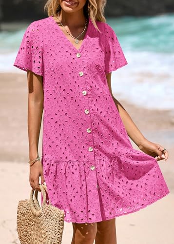 Image of KIRUNDO Eyelet Dresses for Women Button Down Mini Babydoll
