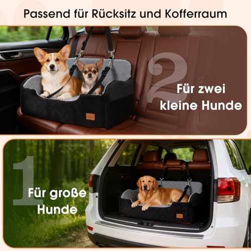Hunde autositz für mittlerer/große Hunde, 2 Klipsbare Verstellbare Sicherheitsleine, Autohundebett für 2 Kleine Hundes, Vollständig Abnehmbare und Waschbare Karzsitz Aufbewahrungstaschen (Schwarz)