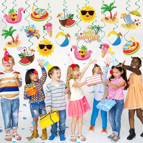 Image of 40Pcs Summer Hanging Swirls, Hello Summer Pool Beach Hanging Swirls Summer Hanging Decorations Streamers Foil Ceiling Swirls for Summer Hawaiian Luau Birthday Party Baby Shower Decor
