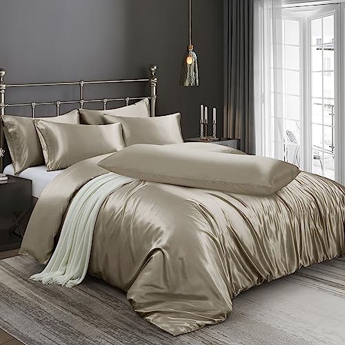 Image of Ersmak 6 Pieces Satin Duvet Cover King Size Luxury Silky Bedding Duvet Cover Set with 1 Soft Duvet Cover, 4 King Pillowcases and 1 Body Pillowcase, Sand