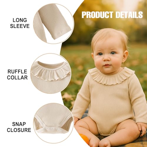 ROMPERINBOX Baby Girl Bodysuit 2 Pack, Long Sleeve Ribbed Knitted Onsies Ruffle Collar and Flutter Sleeve Fall Winter Clothes2