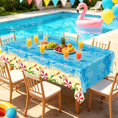 Image of QZYL 4 PCS Summer Beach Tablecloth, 54 x 108 Inch Pool Beach Tablecloth Summer Party Decorations, Disposable Plastic Beach Table Cloth, Hawaiian Table Cloth for Summer Tropical Pool Party Decorations