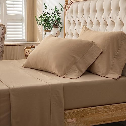 PURE ERA Jersey Knit 4pc Bed Sheet Set 100% T-Shirt Cotton Super Soft Comfy Breathable Fits Mattress Up to 20" Extra Deep Pocket (Solid Toffee Brown, Queen)