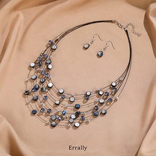 Multi-Layer Boho Shell Beaded Necklace for Women Colorful Crystal Strand with Silver Beads Statement Collars Necklace and Earrings Costumes Jewelry Sets for Women2