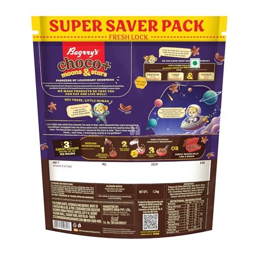 Image of Bagrry's Choco+ MOONS AND STARS - 1.2 kg | Multigrain Goodness | No Maida | More Chocolaty | Oats, Whole Wheat & Rice | High Fibre, Protein, Calcium | Delicious Breakfast Cereal for Kids & Adults