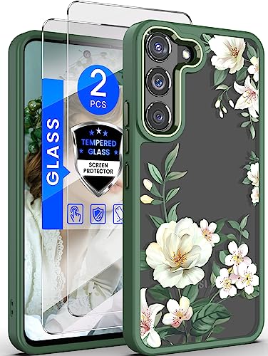 Dretal for Samsung Galaxy S22 5G Case Floral, Military Grade Drop Tested Hard Back & Soft Edge Slim Flower Women Girls Phone Protective Cover + Tempered Glass Screen Protector for Galaxy S22 (Green)