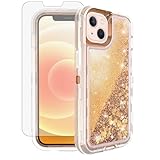 Asuwish Phone Case for iPhone 13 6.1 inch with Screen Protector Bling Liquid Glitter Clear Hybrid Military Grade Protective Heavy Duty Cell Cover iPhone13 5G i i-Phone i13 iPhone13case Girls Rose Gold