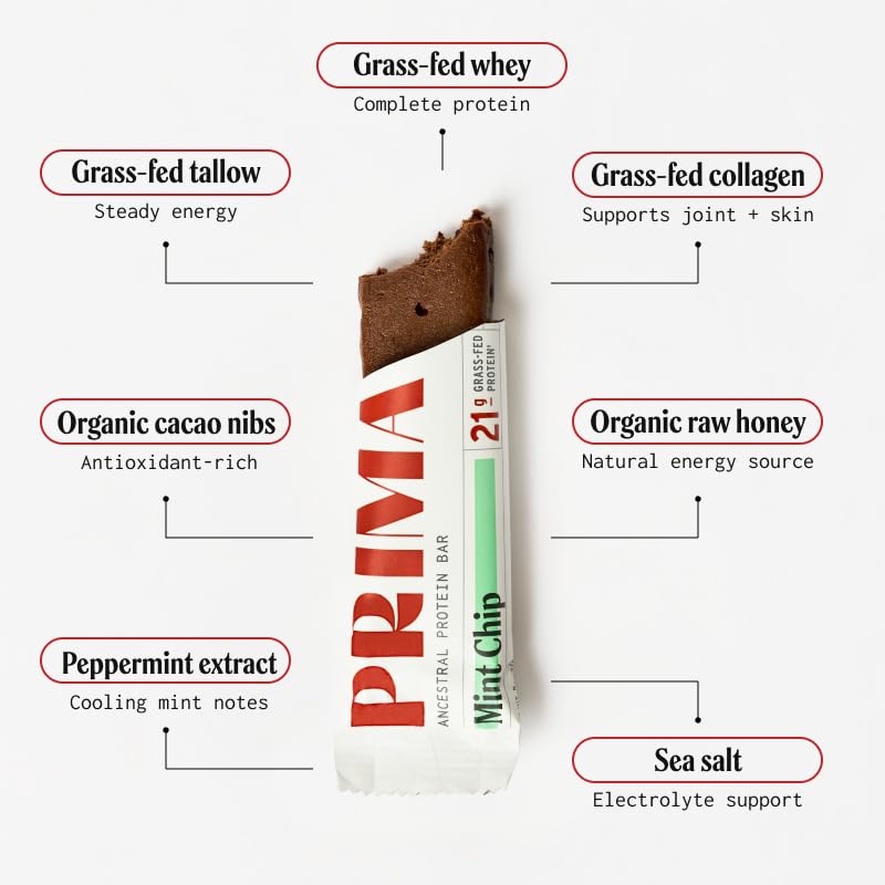 PRIMA Mint Chip Protein Bar | 21g Grass Fed Whey and Collagen | No Seed Oils, No Preservatives, Raw Honey Sweetened | 7 Pack image 4