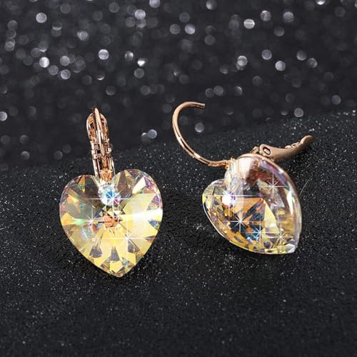Austrian Crystal Heart Drop Leverback Earrings for Women 14K Rose Gold Plated Hypoallergenic Jewelry3