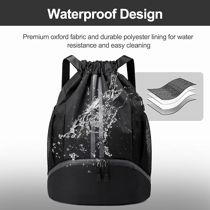 Image of Basketball Drawstring Bag with Shoe Compartment - Large Capacity Fitness Backpack for Gym, Football, Outdoor Sports - Water-Resistant Fabric, Black