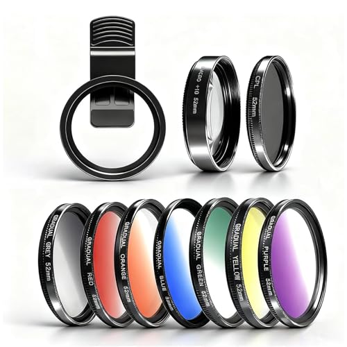 10 in 1 Cell Phone Camera Lens Attachments, 52mm Clip On CPL Polarized Phone Camera Lens Filter with 10 x Macro Lens, 7 Color Lens Filters and Polarized Lens for iPhone and Other Phones