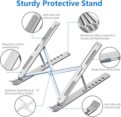 Image of Tukzer Foldable Laptop Stand Riser for Laptop, MacBook, Notebook & Tablets up to 17 Inch, 7 Level Height Angle Adjustment, 2X Stronger M-Shape Aluminum Silicone Pads Air Ventilation (Silver)