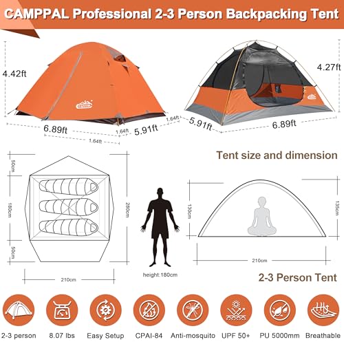 Image of 2-3 Person Backpacking Tent with Double Door 2 Vestibule, Waterproof Windproof Lightweight Easy Set Up 3 Season 2 Man Two Person Tent for Camping, Hiking, Motorcycle, Mountaineering with UPF 50+