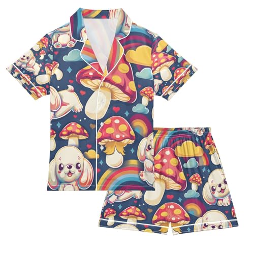 senya Mushroom with Puppy Satin Summer Pajama Sets Silk Short Sleeve Button Down Sleepwear