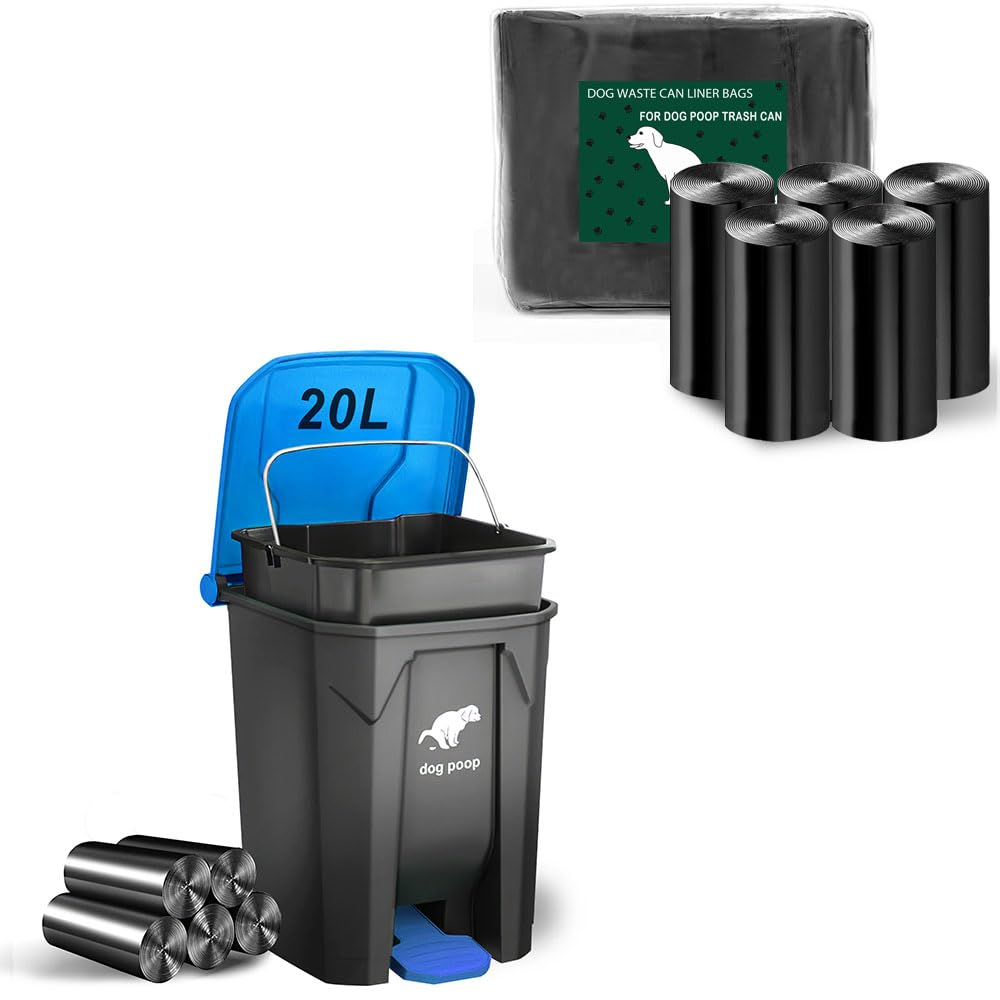 Dog Poop Trash Can Outside, 20L/5Gallon Dog Waste Trash Can with Lid, Pedal and Removable Inner Waste Bin, Poop Bucket with 200 Bags, Blue