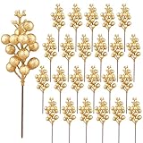 24 Piezas Bayas Doradas Brillantes, Palillos de Ramas Artificiales de Acebo, Tallos para decoración de Invierno de árbol de Navidad