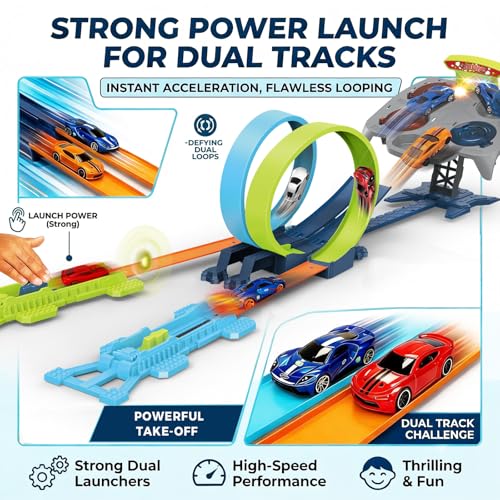 Image of Dual Toy Car Race Track Set for Kids 2 Player Loop & Launch Car Track Toy with Score Points, 4 Metal Alloy Racing Cars, Interactive Sound Effects & Competitive Stunt Challenge for Boys & Girls
