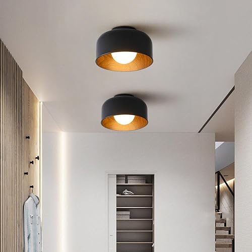 Vista 5 de Modern Flush Mount Ceiling Light Metal Frame Painted Wood Grain Glass Shade Minimalist Lighting for Bedroom Kitchen Hallway Laundry Entrance(Dark)