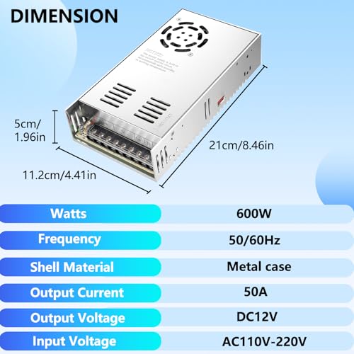 Image of 12V 50A 600W 110V AC to DC Regulated Universal Switching Power Supply, Transformer Adapter LED Driver for LED Strip Lights, CCTV Camera System, CCTV, Radio, 3D Printer