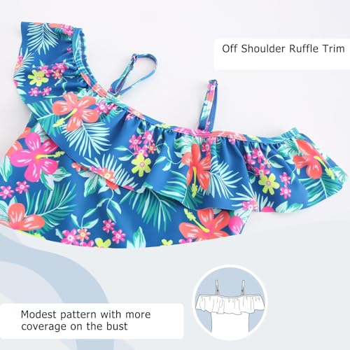 Image of Girls One Piece Swimsuits Off Shoulder Bathing Suit Kids Hawaiian Floral Swimwear 3-16 Years
