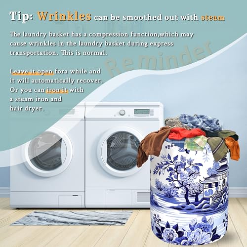Image of Blue White Porcelain Laundry Basket Oxford Cloth Tote Bag18.9 inchx16.5 inch