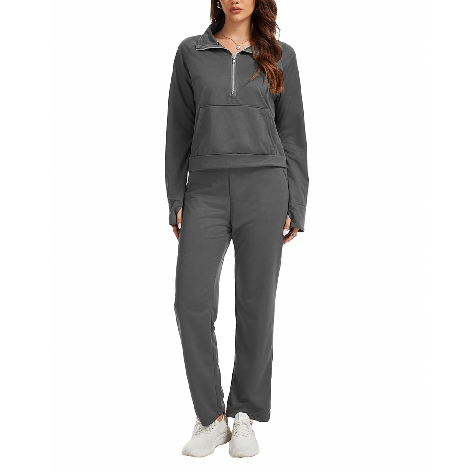 Womens 2 Piece Sweatsuit Set Half Zip Sweatshirt with Thumb Holes Wide Leg Drawstring Pants Casual Lounge Outfit