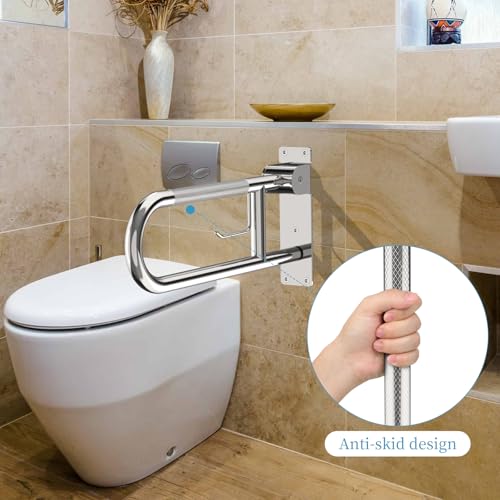 Image of Toilet Grab Bar 22.4 Inch Chrome, Munzong Anti-Slip Handicap Grab Bars with Paper Holder, Flip-Up Bathroom Safety Rails, Stainless Steel Knurled Support handrails for Seniors Elderly Disabled Pregnant