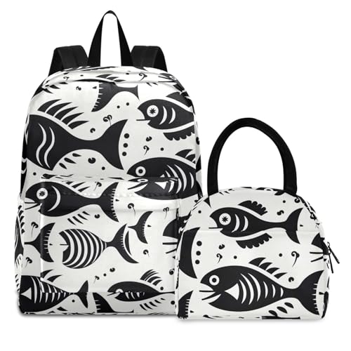 Black and White Fish Monster Lightweight Durable Student Backpack Set with Insulated Lunch Bag Large Capacity Kids Backpacks for Daily Use School Outdoor Travel Laptop Daypack 21216422