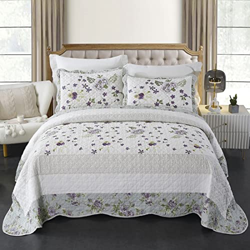 Vctops 3-Piece Floral Embroidered Quilt Set Oversize Queen 100% Cotton Ultra Soft Elegant Reversible Bedspread Coverlet Set With 2 Pillow Shams (Floral,Oversize Queen) #TOP1