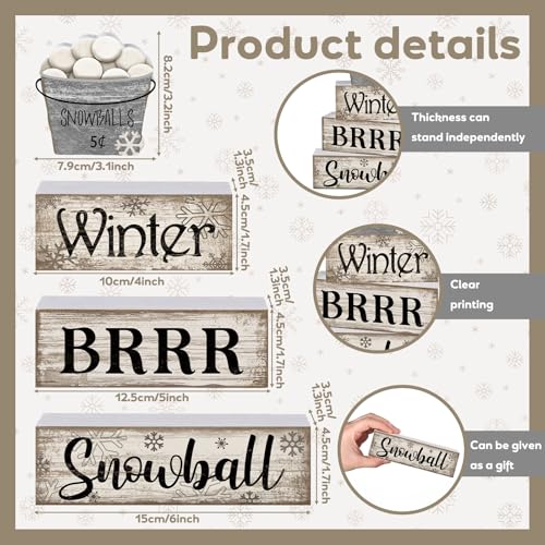 Image of Moucuny 4 Pcs Winter Table Decorations Winter Tiered Tray Decor Christmas Table Centerpiece Rustic Decorative Snowball Snow Bucket Block Sign Farmhouse Christmas Decorations for Home Kitchen Shelf