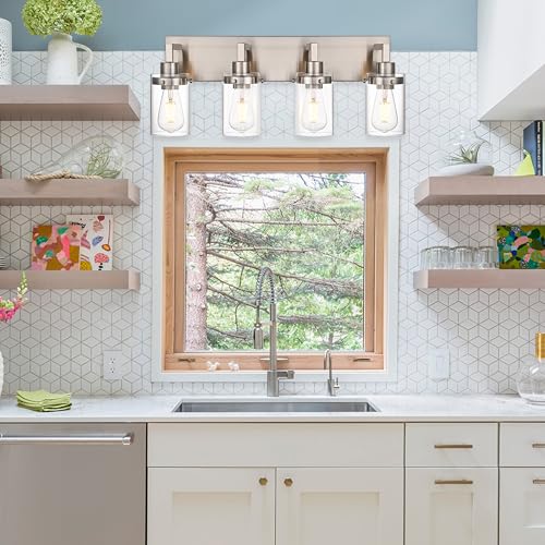 Image of 4 Light Farmhouse Brushed Nickel Finish Industrial Bathroom Vanity Lighting Over Mirror with Clear Glass Shade Wall Light Fixture for Cabinets Dressing Room