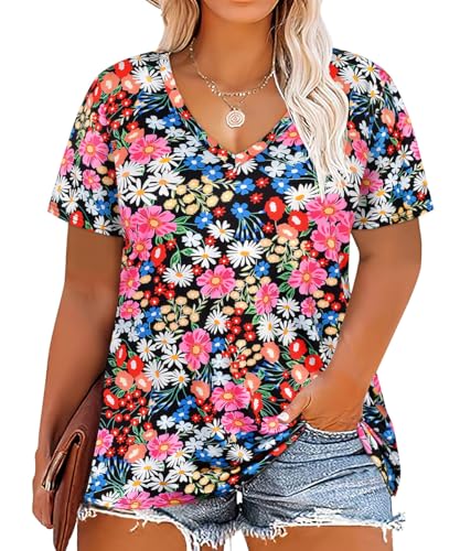 Image of RITERA Women Plus Size Tops Tie Dye V Neck Shirt Floral Camo Summer Short Sleeve Tunic Oversized Ladies Blouse XL-5XL
