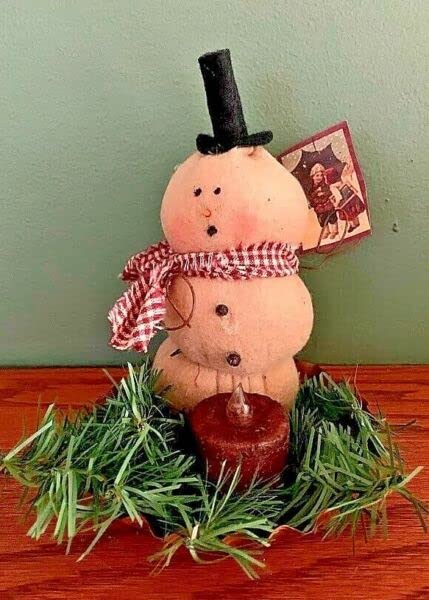 Primitive Handmade Snowman in Tin Pan with Prim Tealight Candle for Kitchen, Farmhouse, Holiday, Home Decor