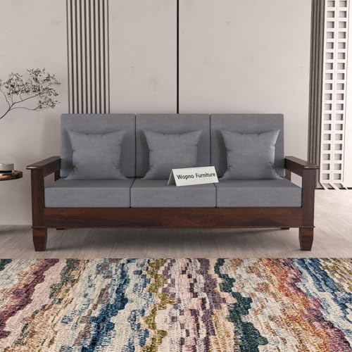 Image of Sheesham Wooden 3 Seater Sofa for Living Room | Rosewood Cushion Sofa with Side Newspaper Holder for Home & Office | Solid Wood Sofa Set for Lounge (Walnut, 3 Seater)