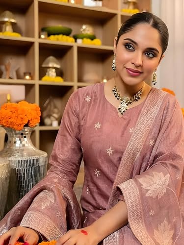 Image of Pinkmint Women Jacquard Silk Ethnic Kurta with Dupatta Suit for Women | Straight Fit Designer Wear with Woven Pattern & Tassel Dupatta | Availble in Plus Size