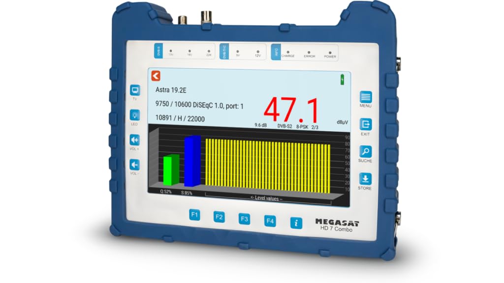 Megasat HD 7 Combo – Misuratore (per DVB-S, DVB-S2, DVB-T, DVB-T2, DVB-C, DAB+, Live-TV Bild, Unicable, display a colori da 8,9", batteria, lampada)