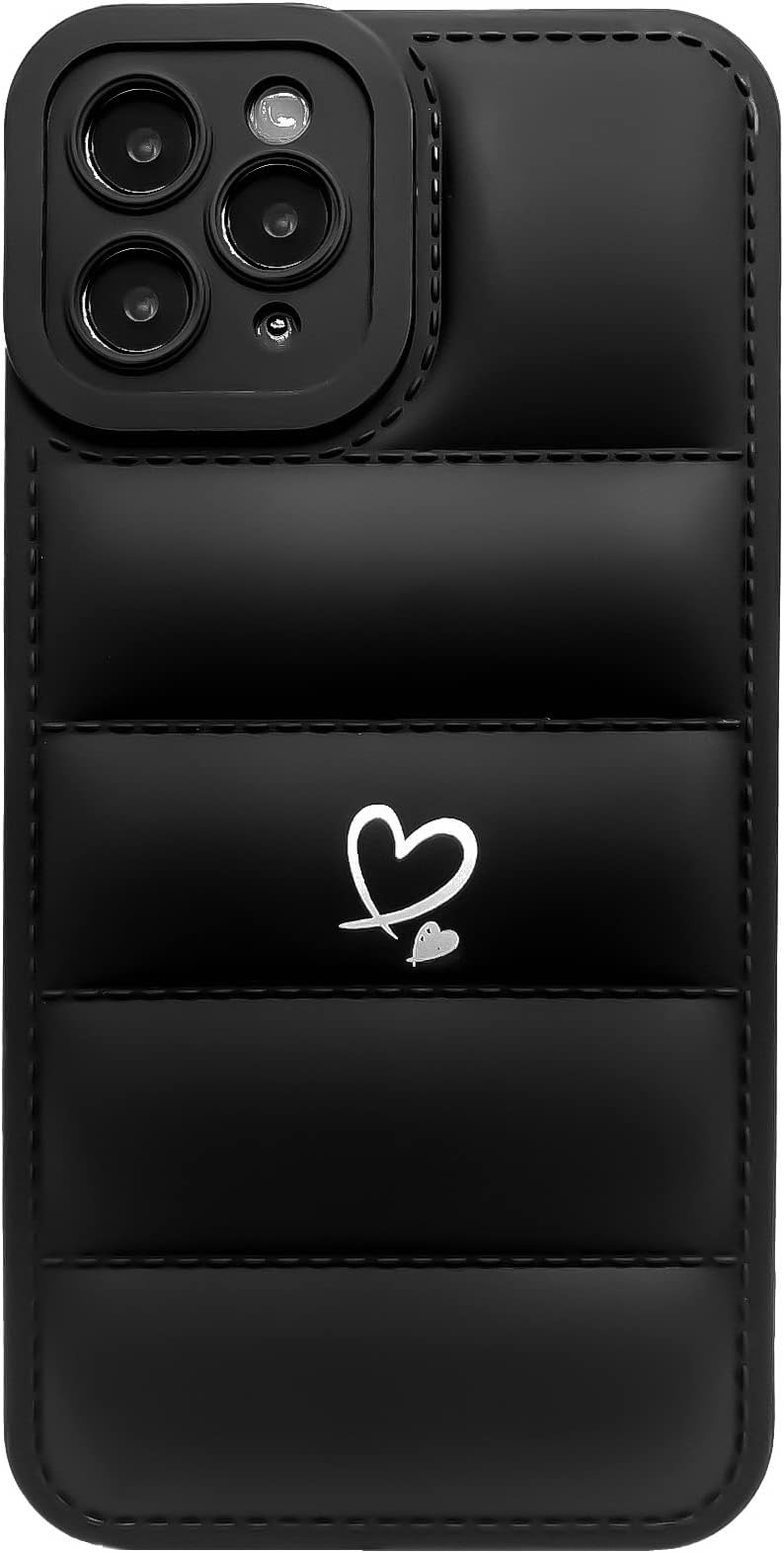 The Puffer Case for iPhone 12 Pro Max with Trendy Cute Lovely White Heart - North Puffy Down Jacket Touch & Back Face Shockproof Camera Protective - Elegant & Luxury Design for Women - Black