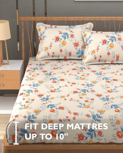 Image of Fresh From Loom Anti Fade Floral Print 240 TC Microfiber King Size Bedsheet Set with 2 Pillow Covers - Soft Fabric (90 x 95 inch| Beige, Floral Design)
